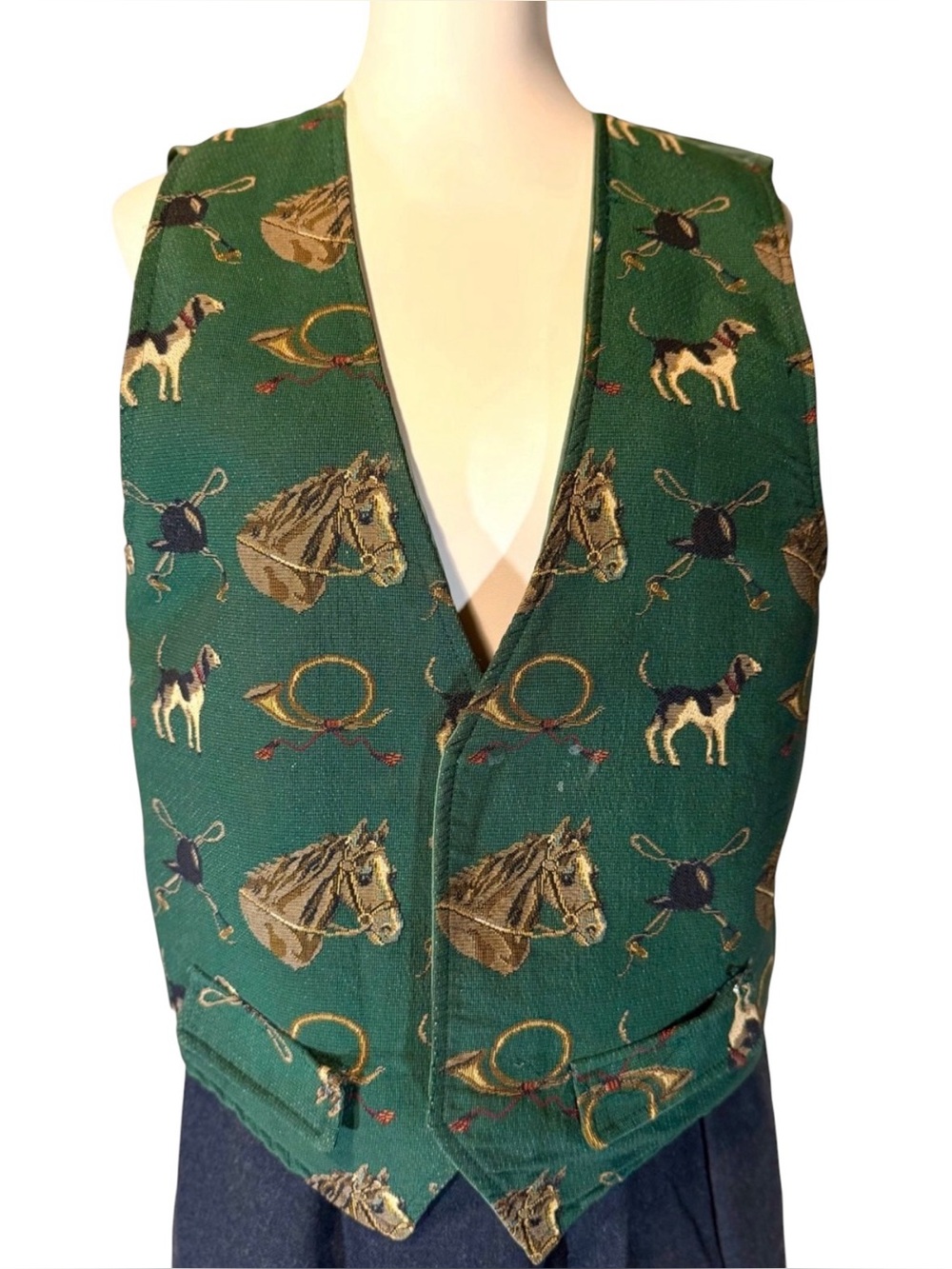 Vintage Equestrian Tapestry Vest Green Horse Hound Hunt Scene Woven V-Neck M/L